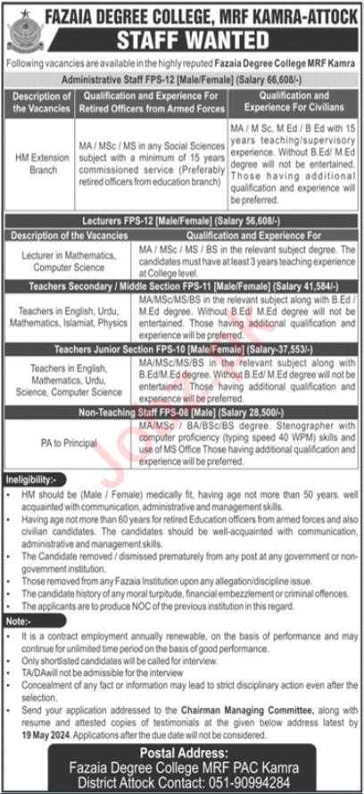 Fazaia Degree College Attock Jobs 2024