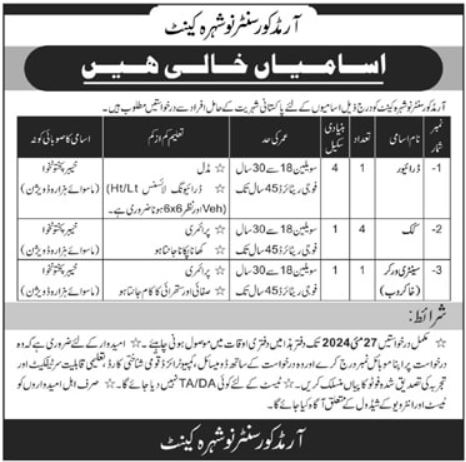 Job Positions At Armed Core Centre Nowshera Cantt 2024