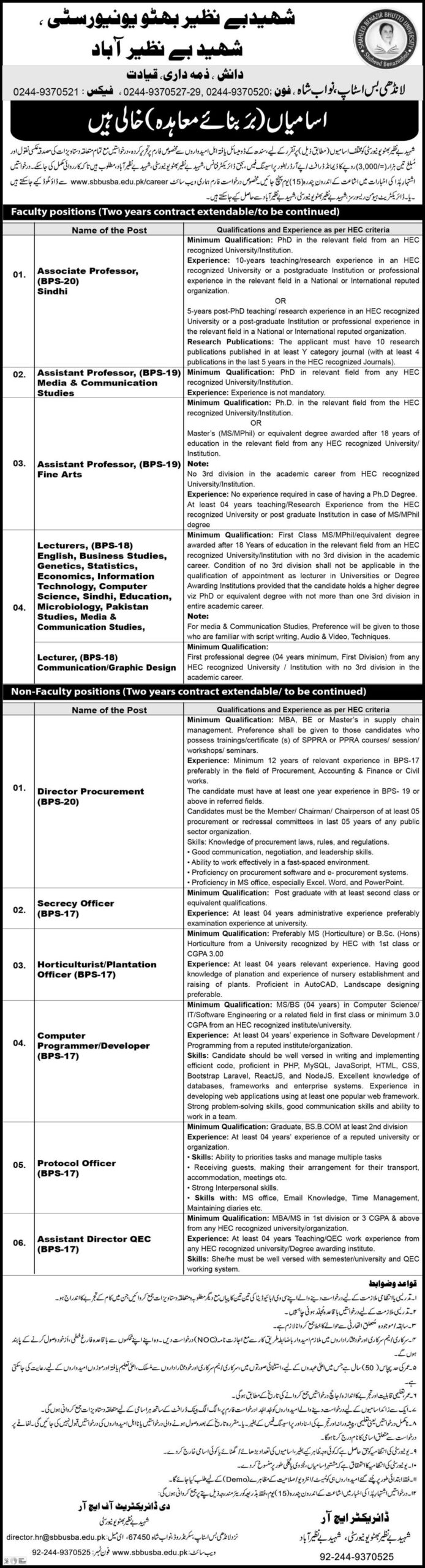 Jobs Available At Shaheed Benazir Bhutto University 2024