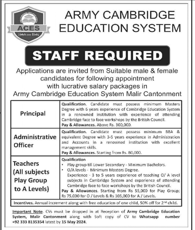 Army Cambridge Education System (ACES) Staff Required April 2024