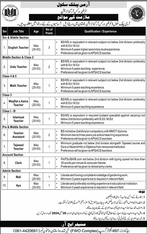 Army Public School (FWO) Teaching and Non-Teaching Jobs May 2024