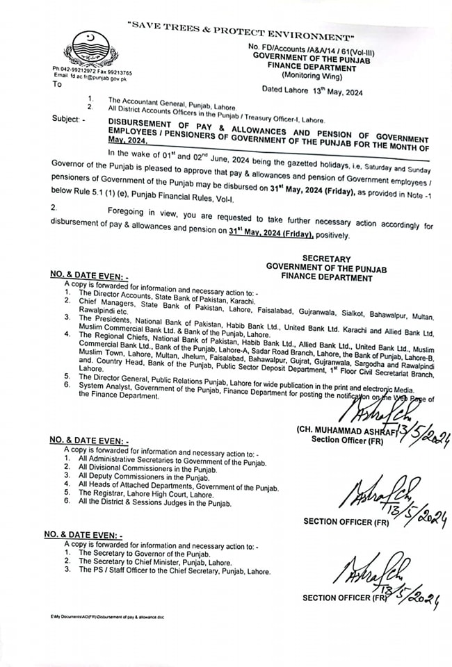 Disbursement Salary and Pension of Govt Employees / Pensioners of Punjab May 2024