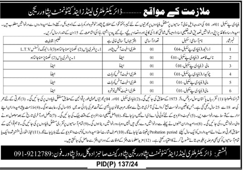 The Latest BPS 01 to 04 Vacancies in ML & C Peshawar Region (Military Lands and Cantonment)