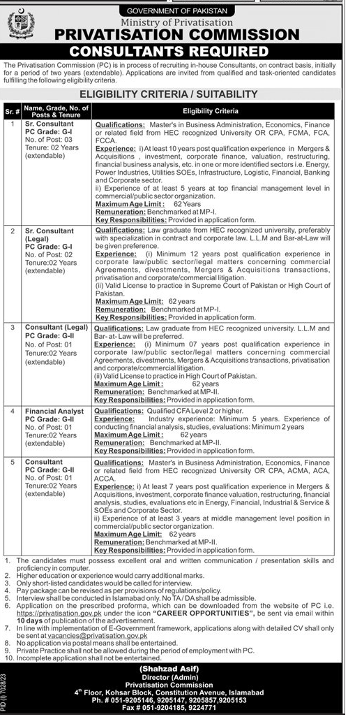 Privatisation Commission Ministry of Privatisation Govt of Pakistan Jobs 2024