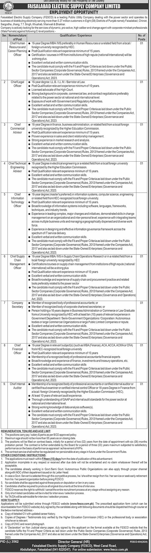 Faisalabad Electric Supply Company (FESCO) Jobs May 2024