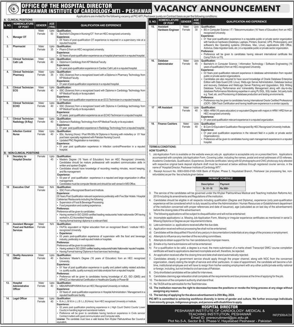 Peshawar Institute of Cardiology MTI Jobs May 2024