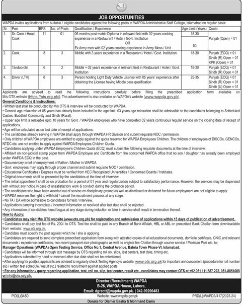 BPS-06 to BPS-11 WAPDA Vacancies 2024 through OTS