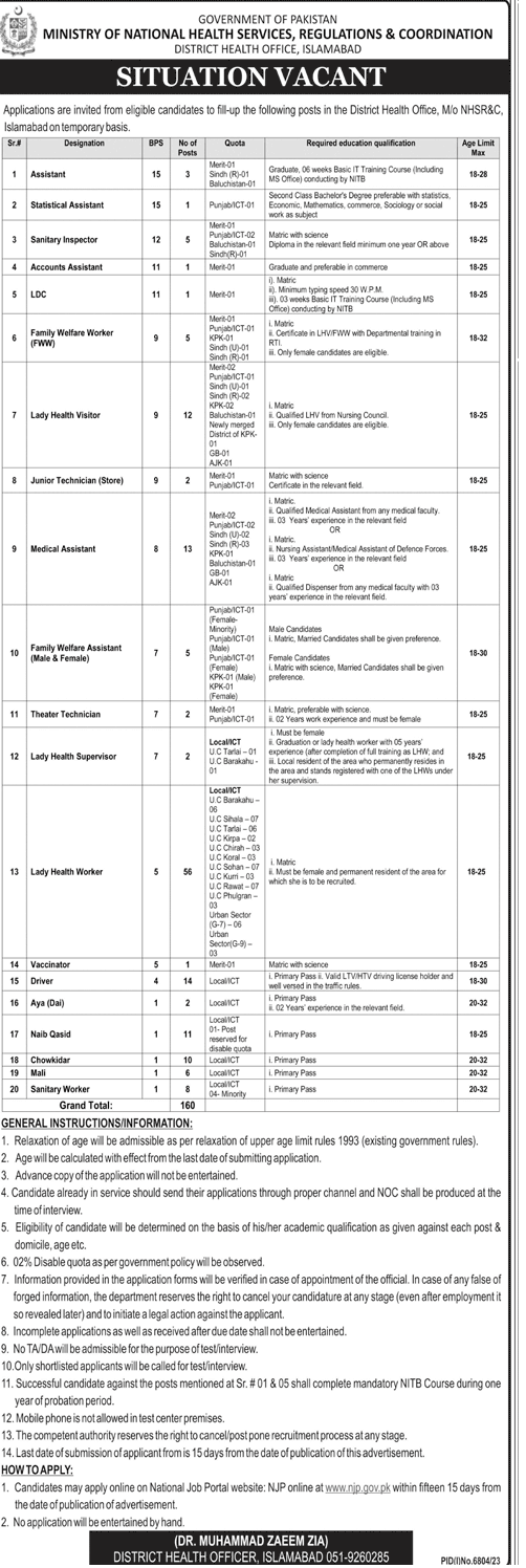 Ministry of National Health Service R&C Islamabad Jobs 2024