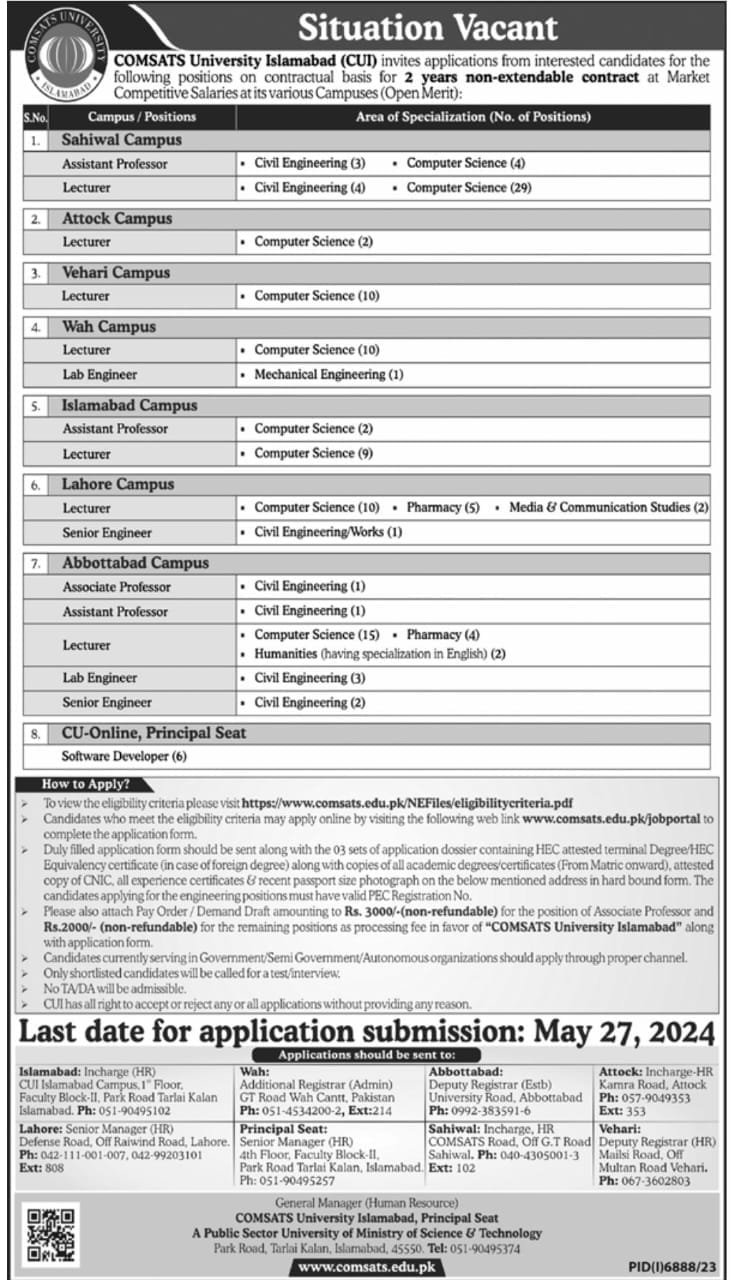 COMSATS یونیورسٹی CUI اسلام آباد کیمپس میں 2024 کی نوکریاں 