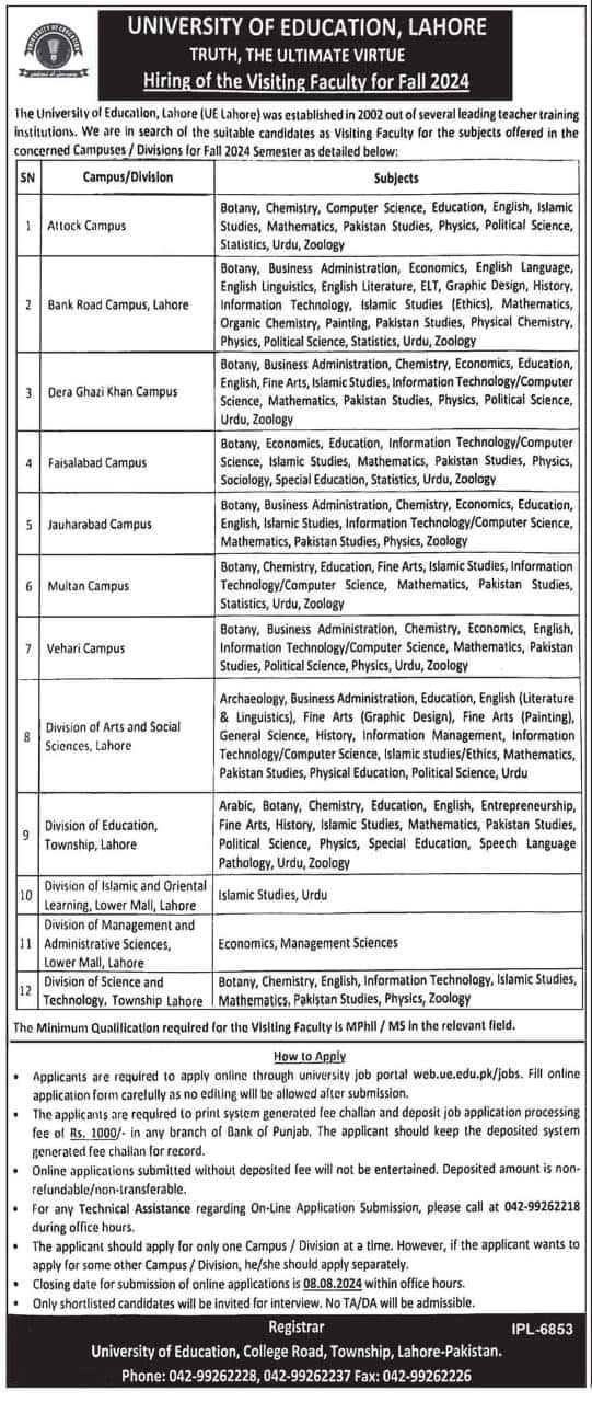 University of Education Jobs 2024 for Visiting Faculty