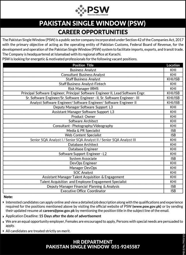 Vacant Positions At Pakistan Single Window PSW