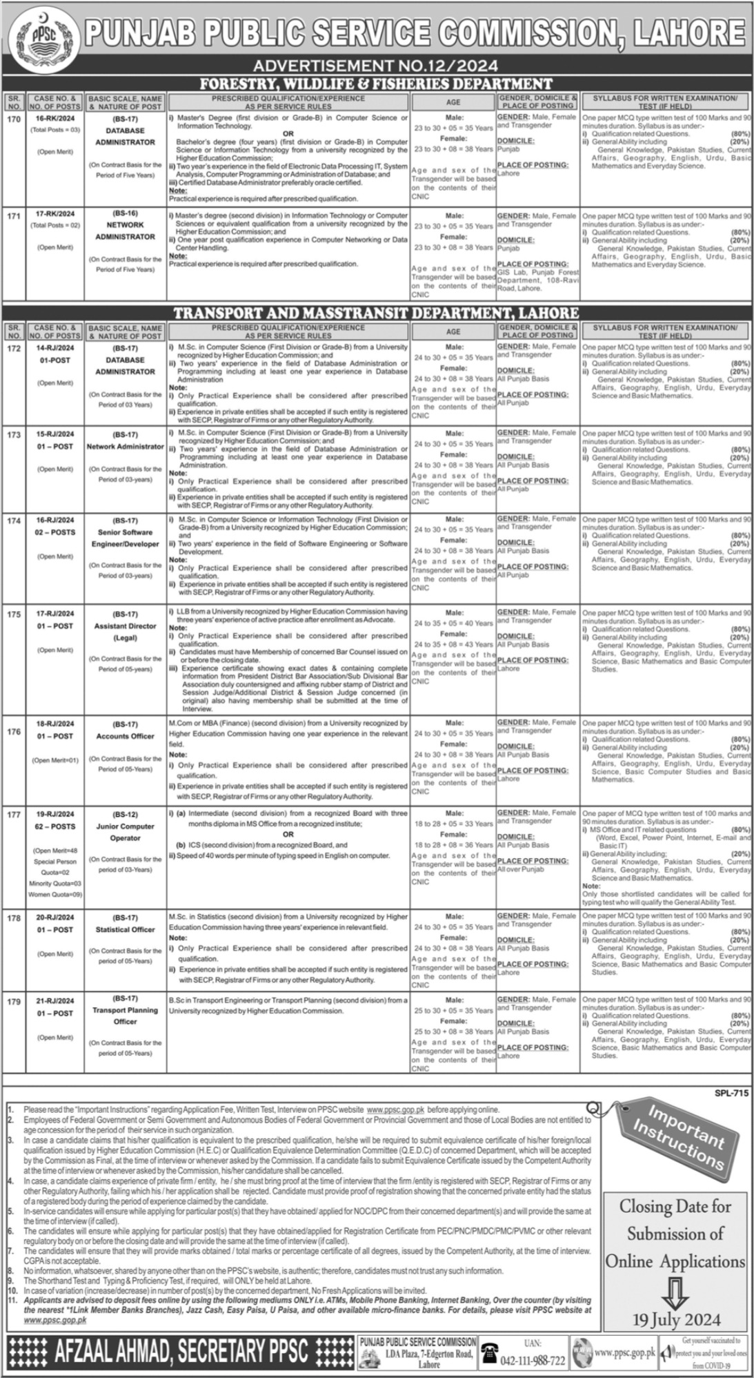 Advertisement No 12/2024 For Jobs At PPSC