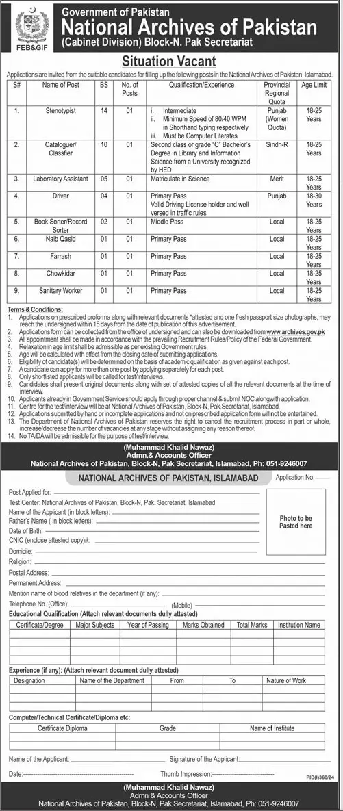 National Archives of Pakistan Islamabad (Cabinet Division) Jobs July 2024