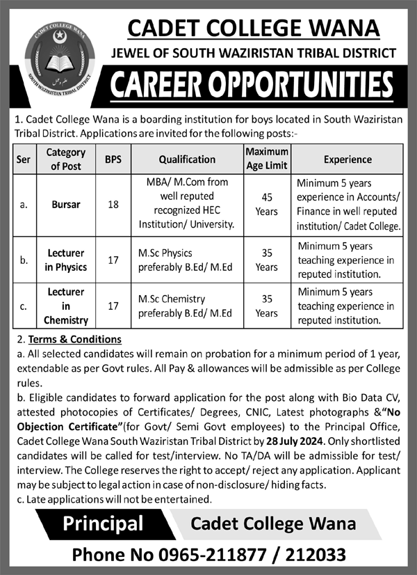 Cadet College WANA Jobs 2024