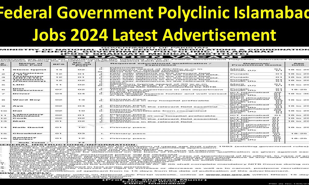 Federal Government Polyclinic Islamabad Jobs 2024