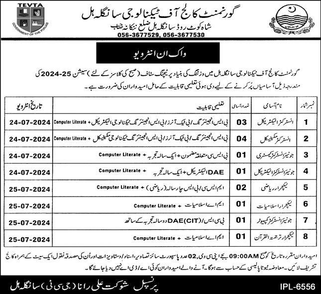 GCT Sangla Hill Jobs 2024 (TEVTA Visiting Faculty)