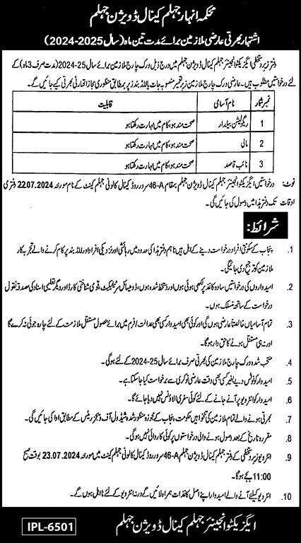 Canal Division Jhelum Jobs 2024