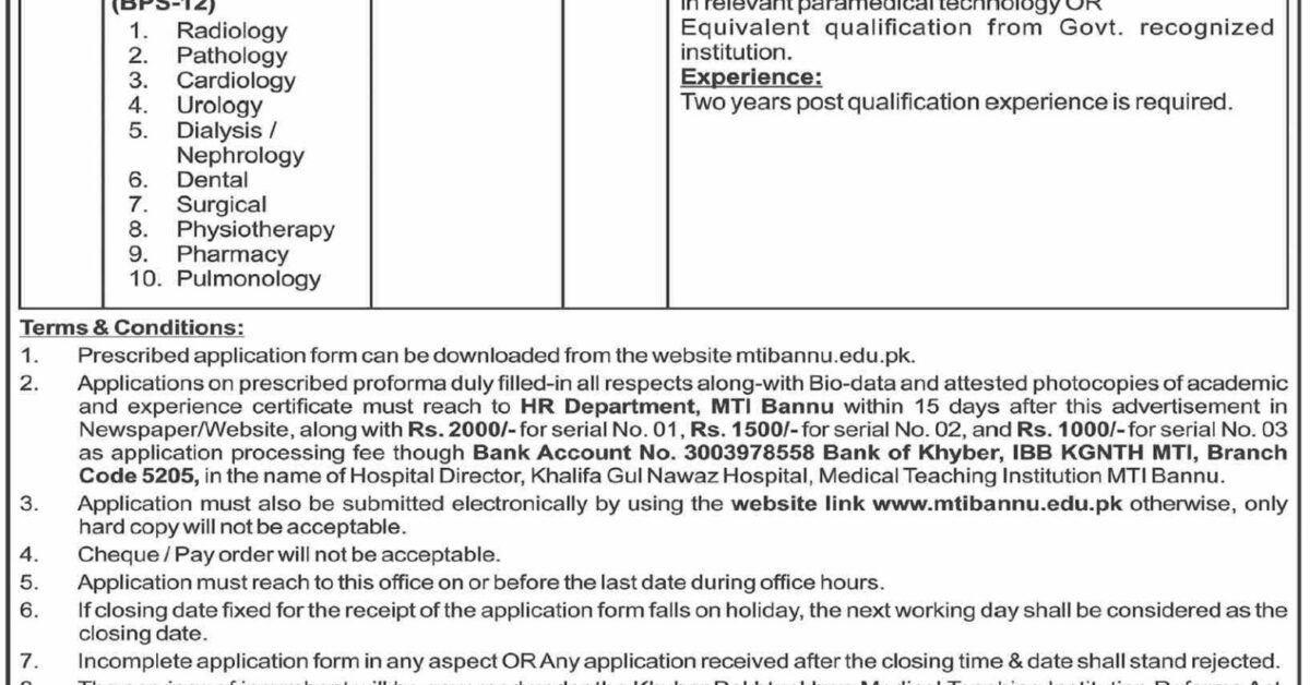 Medical Teaching Institutions Bannu Jobs 2024