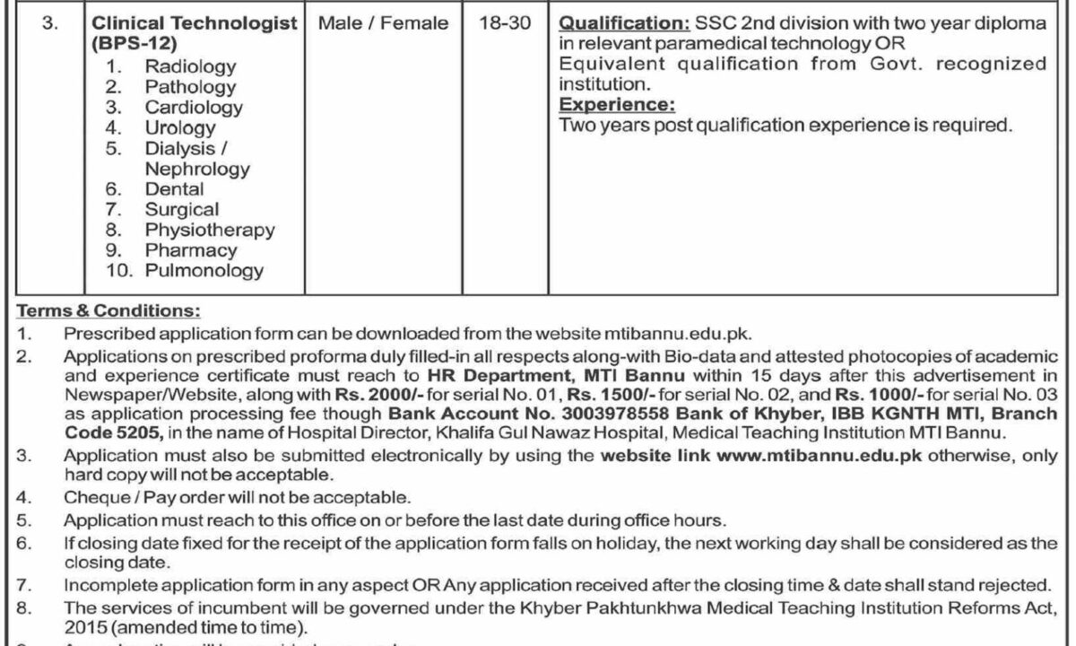 Medical Teaching Institutions Bannu Jobs 2024