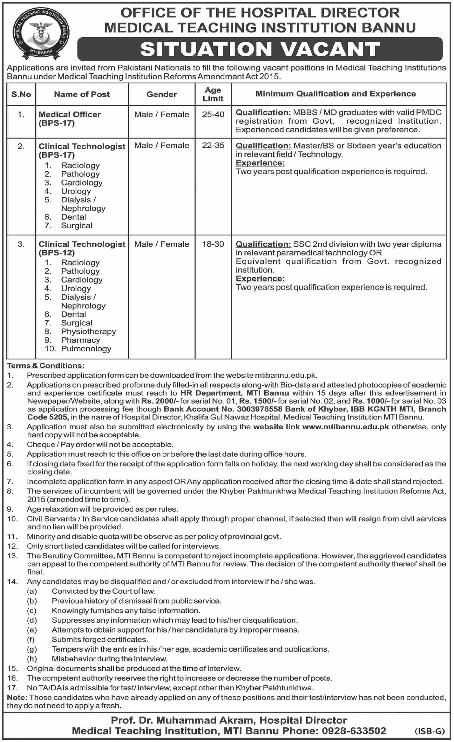 Medical Teaching Institutions Bannu Jobs 2024