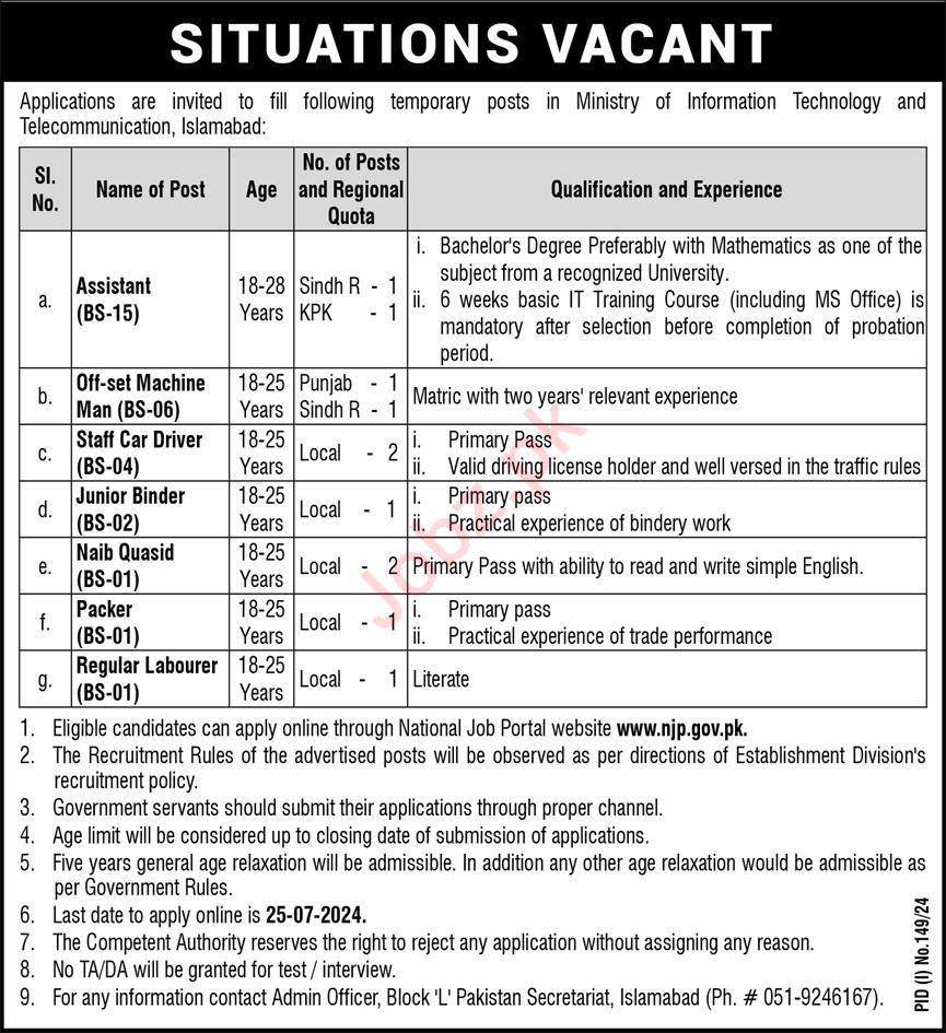 Ministry of Information Technology and Telecommunication Jobs advertisement 2024