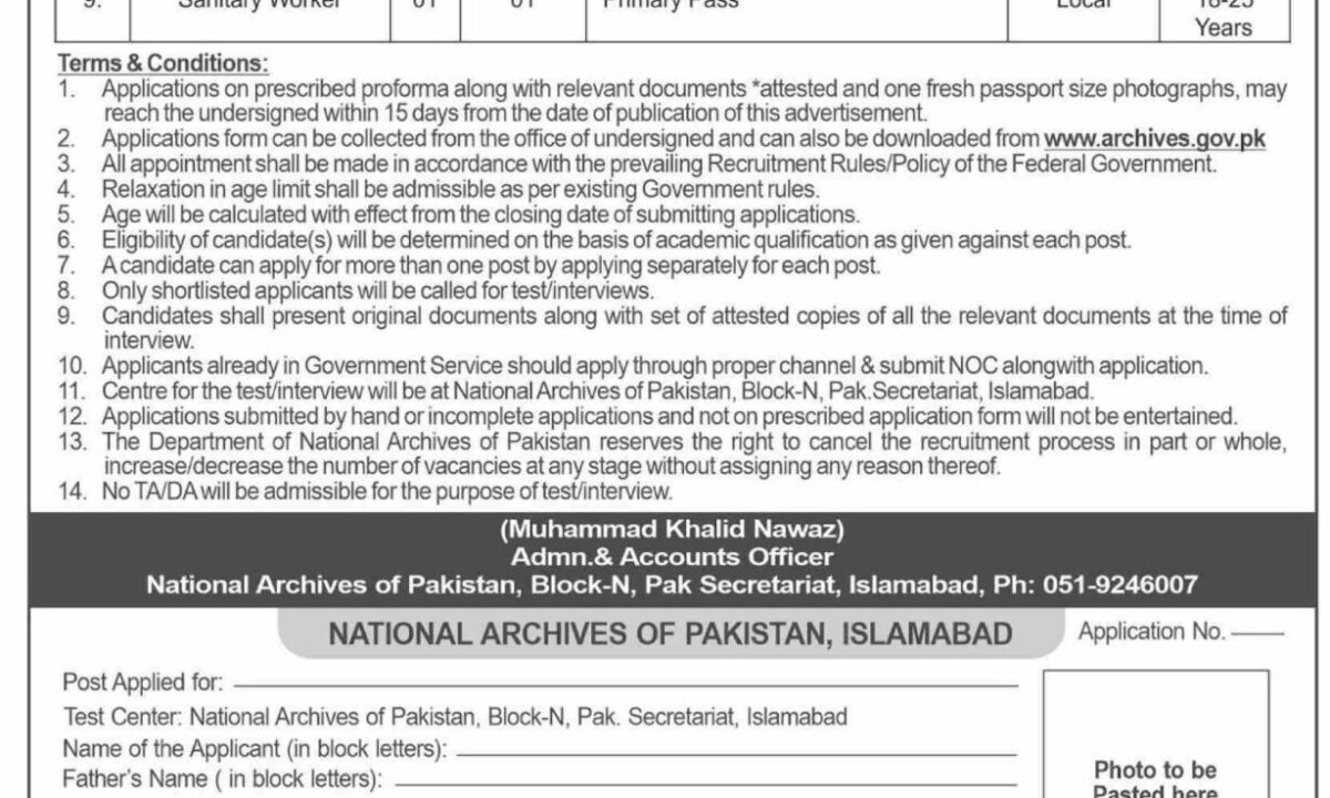 National Archive Of Pakistan Jobs 2024 – Cabinet Division