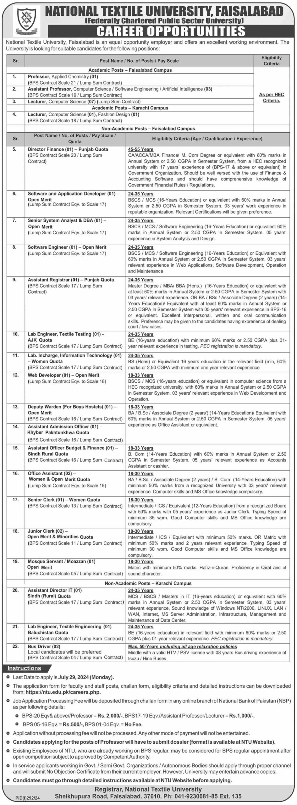 National Textile University Faisalabad Jobs 2024 | NTU Posts