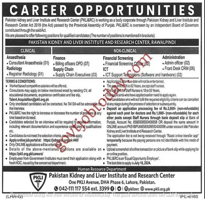 Pakistan Kidney Liver Institute Jobs 2024 | Apply Online