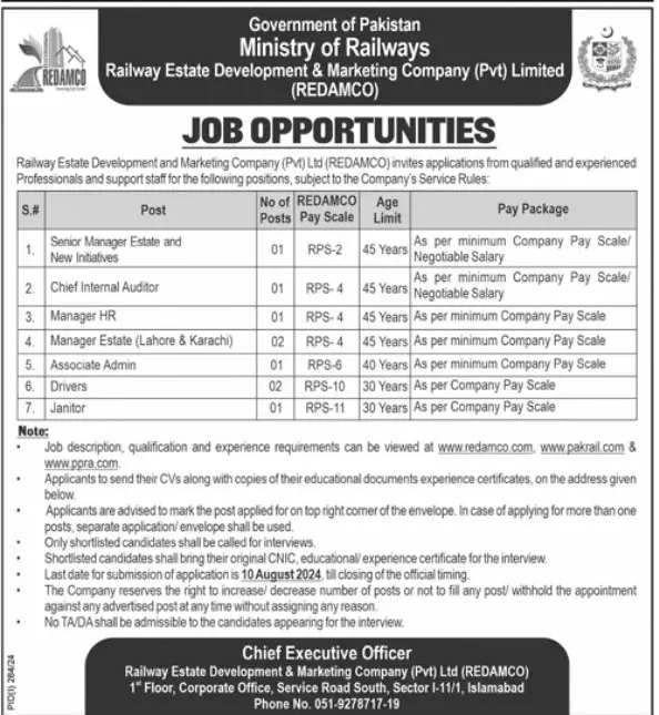 Pakistan Railways Railway Estate Development & Marketing Company (REDAMCO) Jobs 2024
