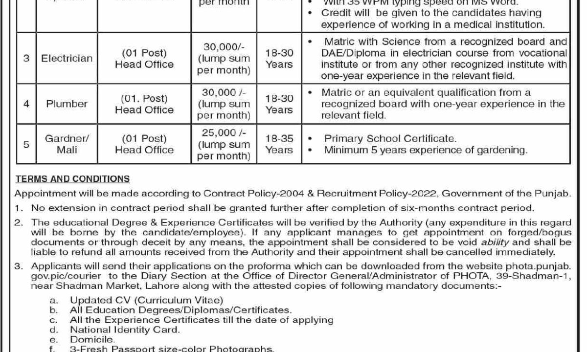 Punjab Human Organ Transplantation Authority (PHOTA) Jobs 2024