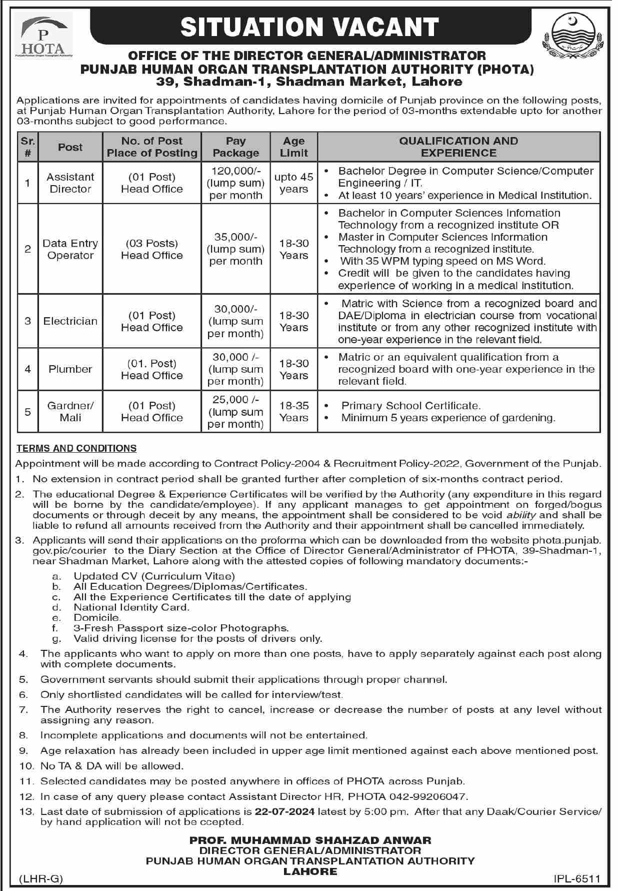 Punjab Human Organ Transplantation Authority (PHOTA) Jobs 2024