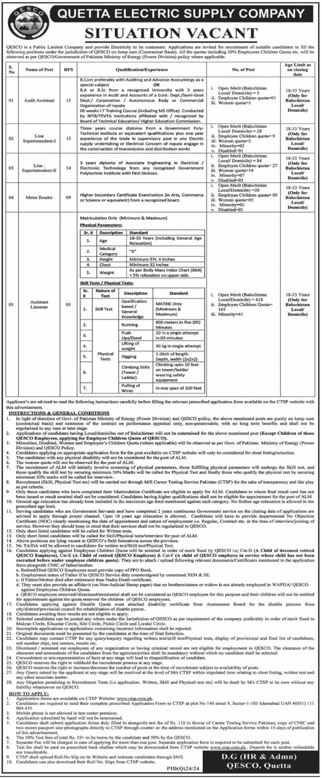 Quetta Electric Supply Company (QESCO) Jobs July 2024