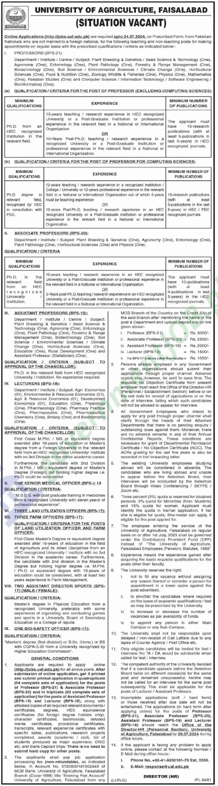 Latest University of Agriculture Faisalabad Jobs 2024