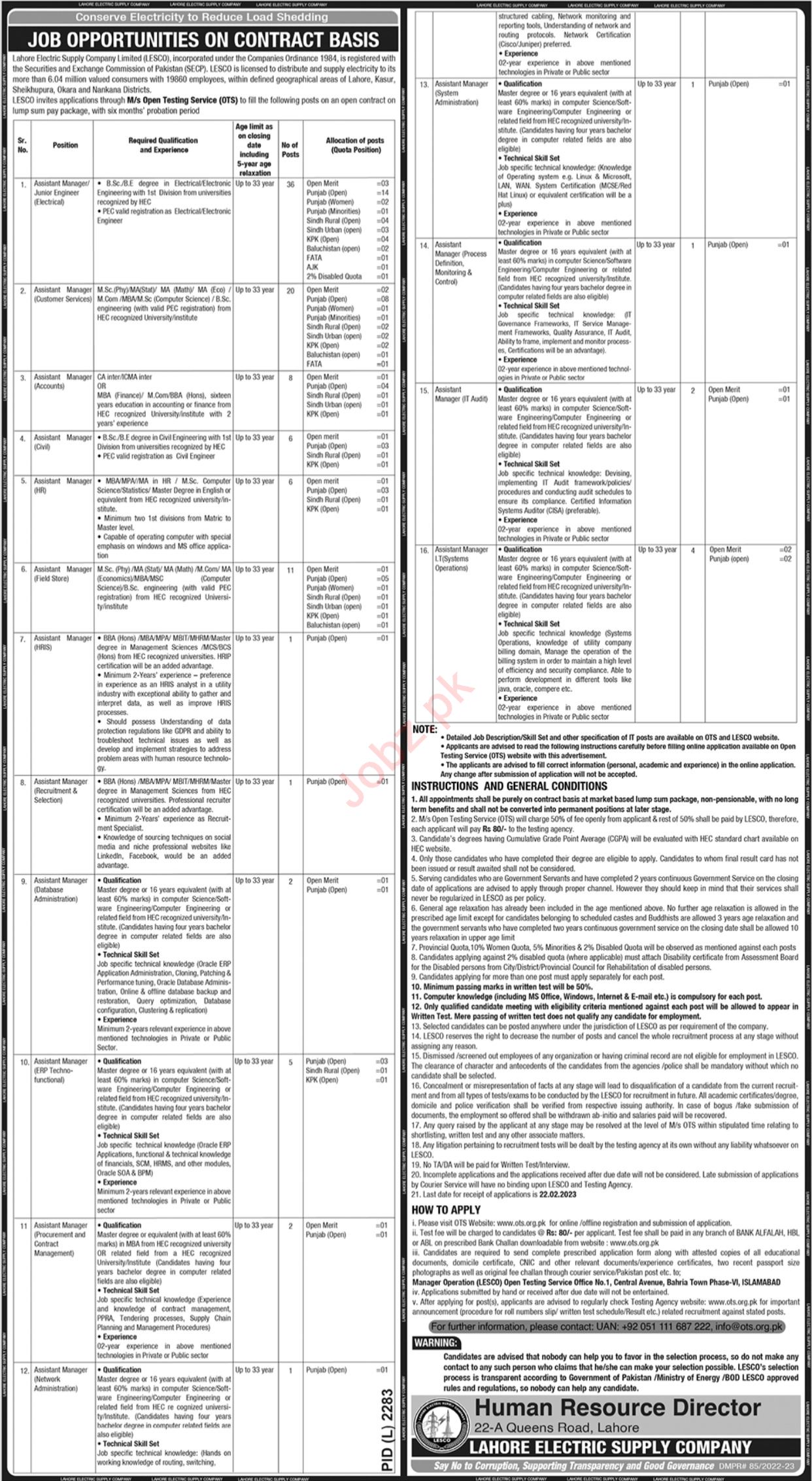 WAPDA LESCO Jobs advertisement 2024