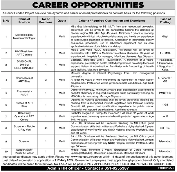 Donor Funded Project Jobs on Contract Basis July 2024 advertisement