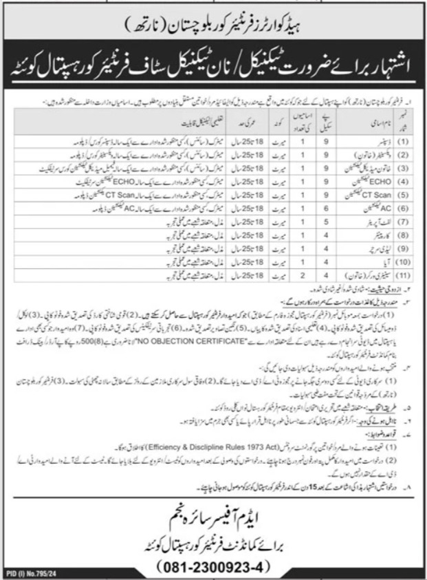 New Job Opportunities at Frontier Core Hospital Quetta 2024