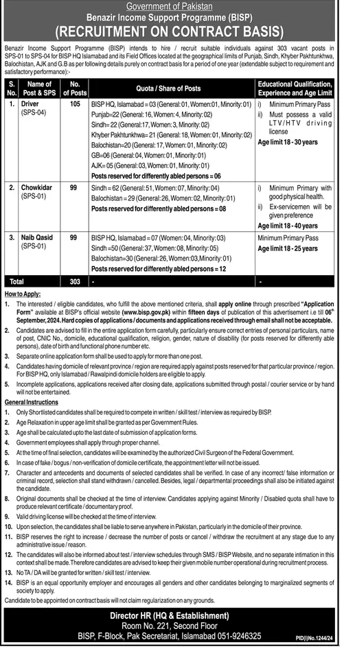 Government of Pakistan Benazir Income Support Programme (BISP) Jobs Aug 2024