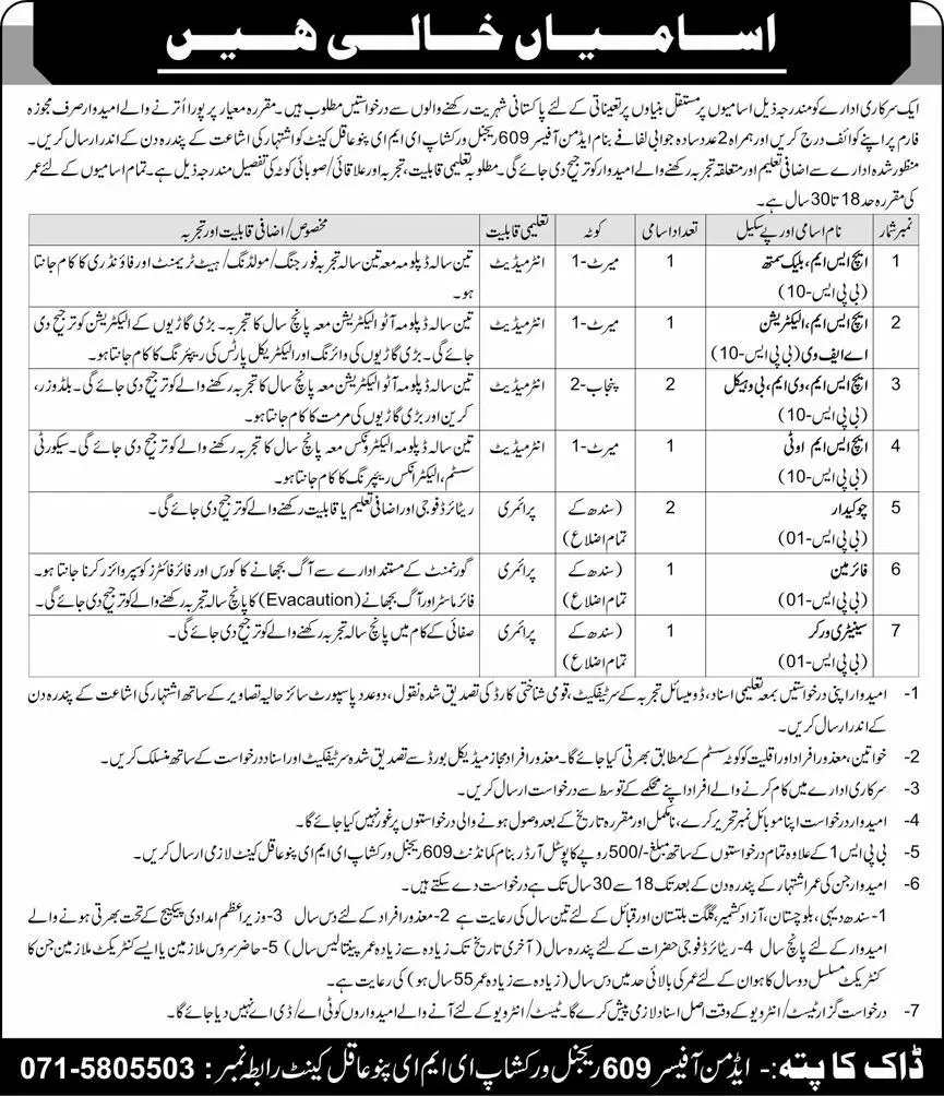 609 Regional Workshop EME Pano Aqil Cantt Jobs 2024 - Civilian Vacancies