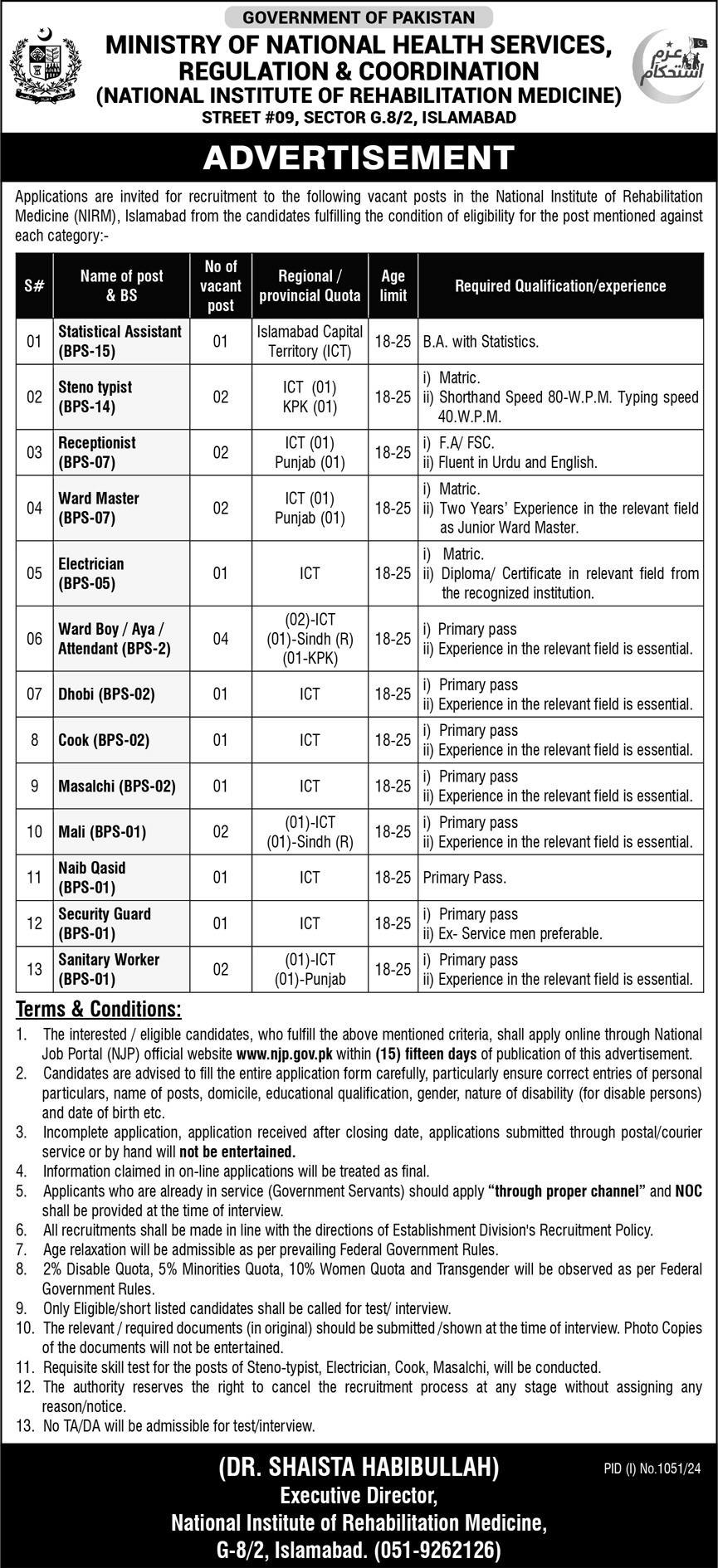 Ministry of National Health Services Regulation & Coordination (NIRM) Jobs 2024