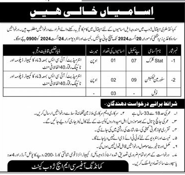 CMH Zhob Jobs 2024 : Stat Clerk and Storeman Technician