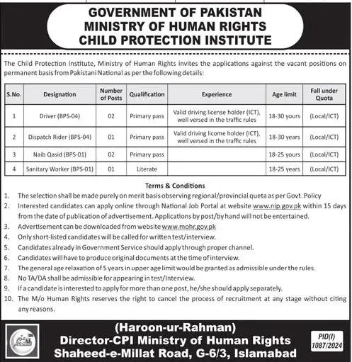 Government of Pakistan, Ministry of Human Rights Child Protection Institute Jobs 2024