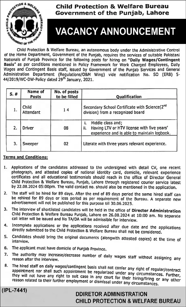 Child Protection and Welfare Bureau Punjab Jobs 2024 - Apply Now