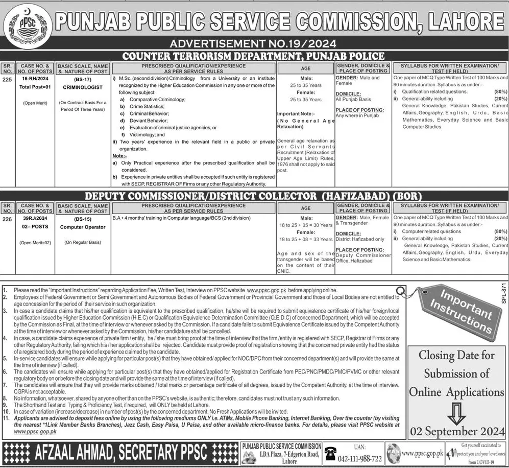 Punjab Government Jobs through PPSC Jobs Ad No. 19/2024