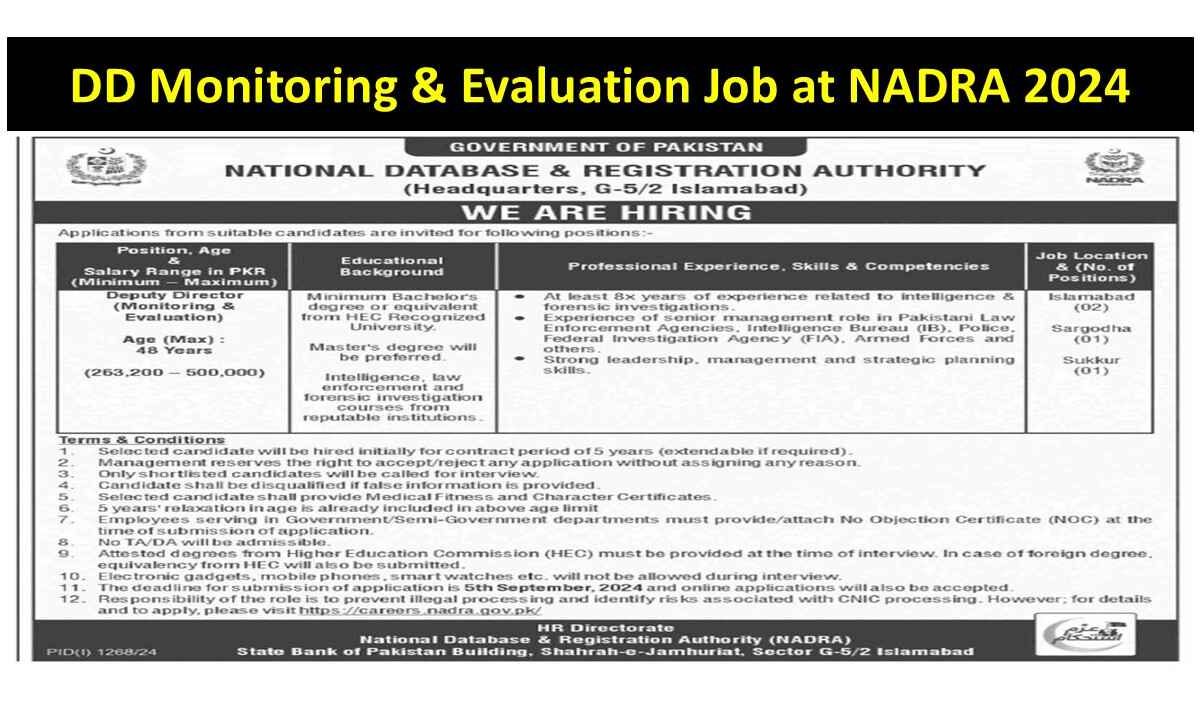 NADRA Jobs 2024: Apply for Deputy Director (Monitoring & Evaluation)