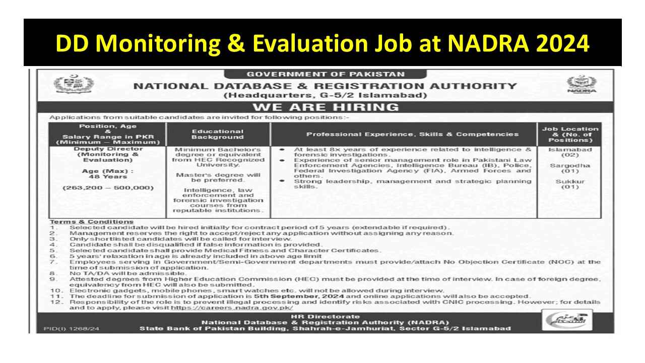 NADRA Jobs 2024: Apply for Deputy Director (Monitoring & Evaluation)