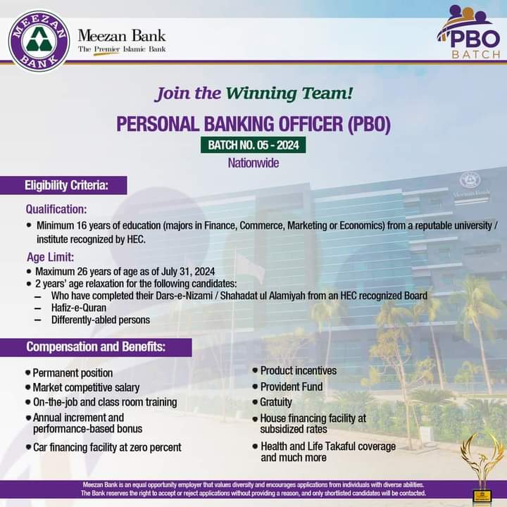 Meezan Bank Personal Banking Officer Batch No 05 Jobs 2024
