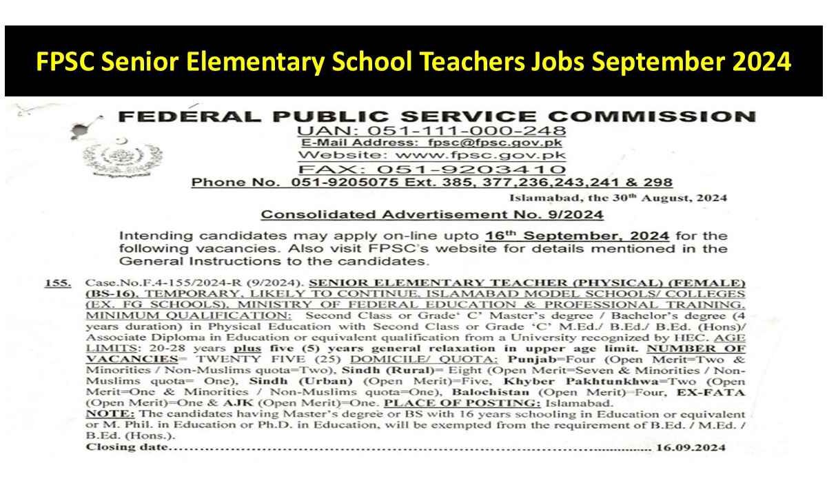 FPSC Senior Elementary School Teachers Jobs September 2024