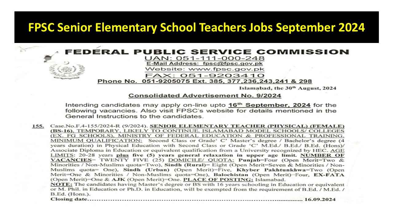 FPSC Senior Elementary School Teachers Jobs September 2024