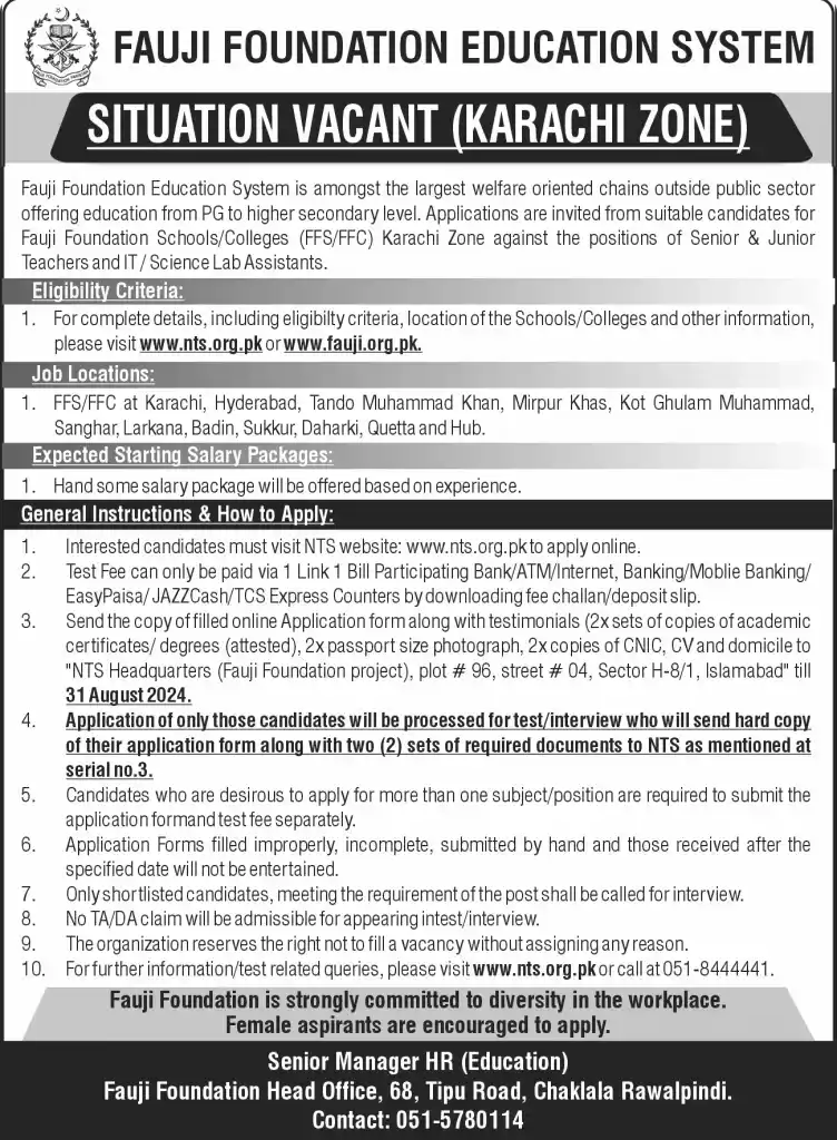 Fauji Foundation School Jobs 2024 