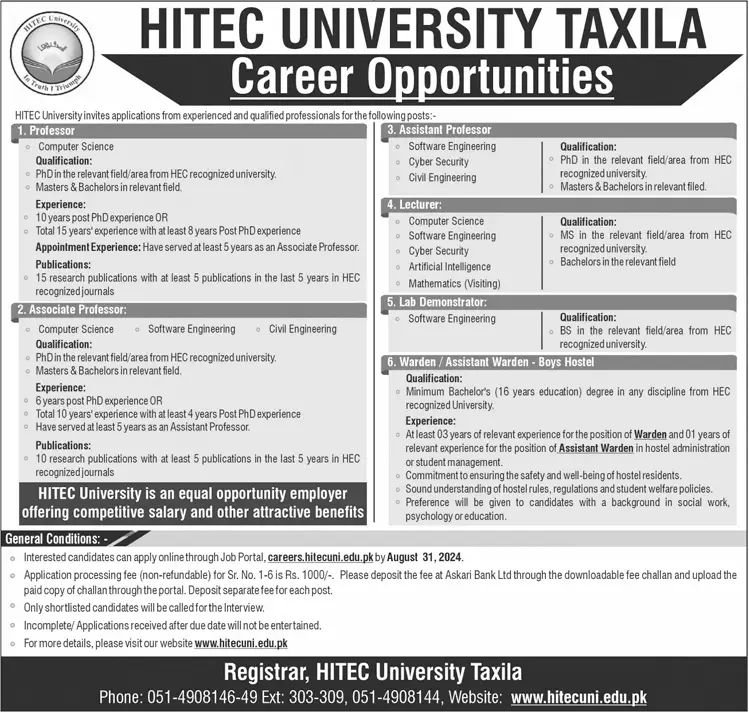 HITEC University Taxila Jobs 2024 : Teaching and Non-Teaching Vacancies